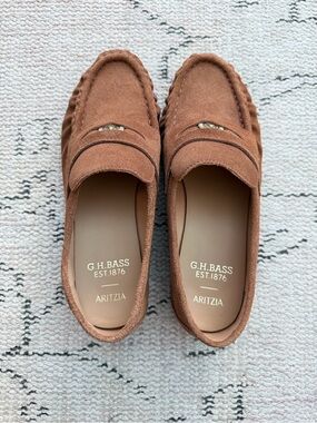 G.H. Bass x Aritzia Suede Penny Loafers in Warm Brown
